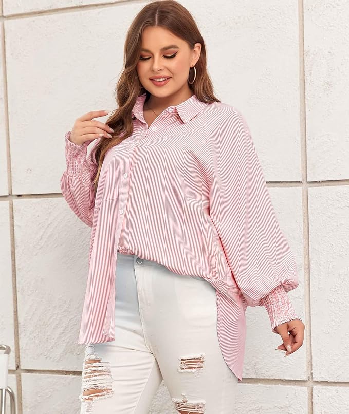 ✨This Week's Special Price $13.98💥Mid-length smocked shirt with striped lapel and oversized drawdown sleeves