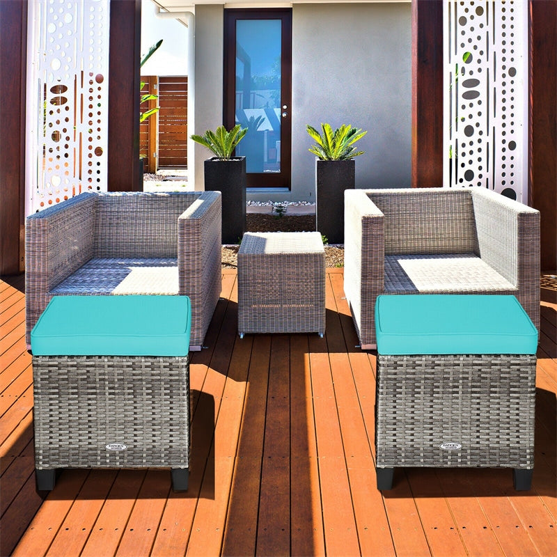 2 Pieces Wicker Patio Ottomans Outdoor Rattan Footstools with Removable Cushions