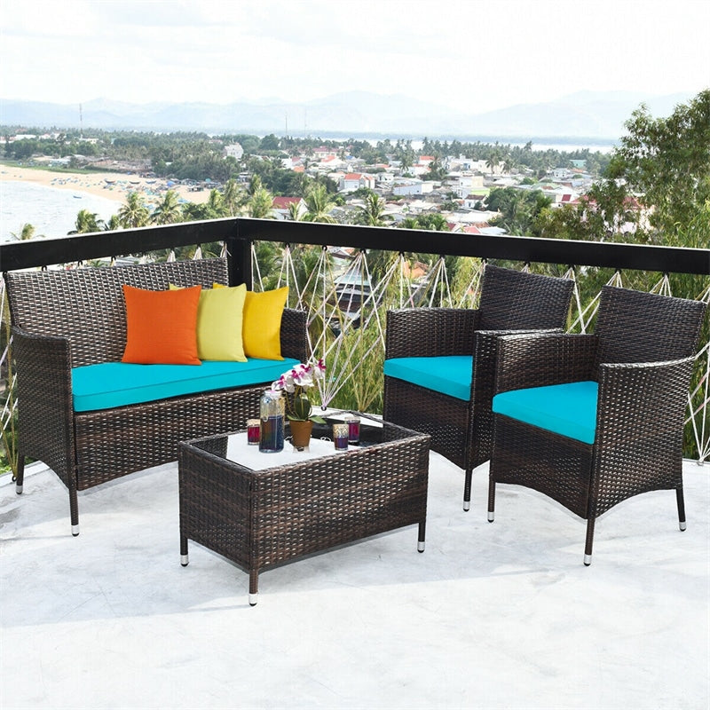 4 Pcs Outdoor Rattan Patio Conversation Set Wicker Furniture Set with Coffee Table and Cushioned Sofas