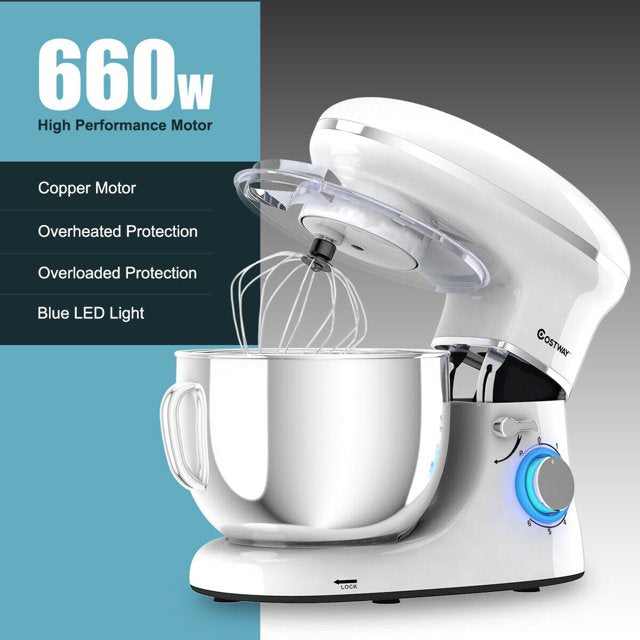 Costway 6 Speed 660W Dough Hook Whisk Beater 6.3Qt Tilt-Head Food Stand Mixer White