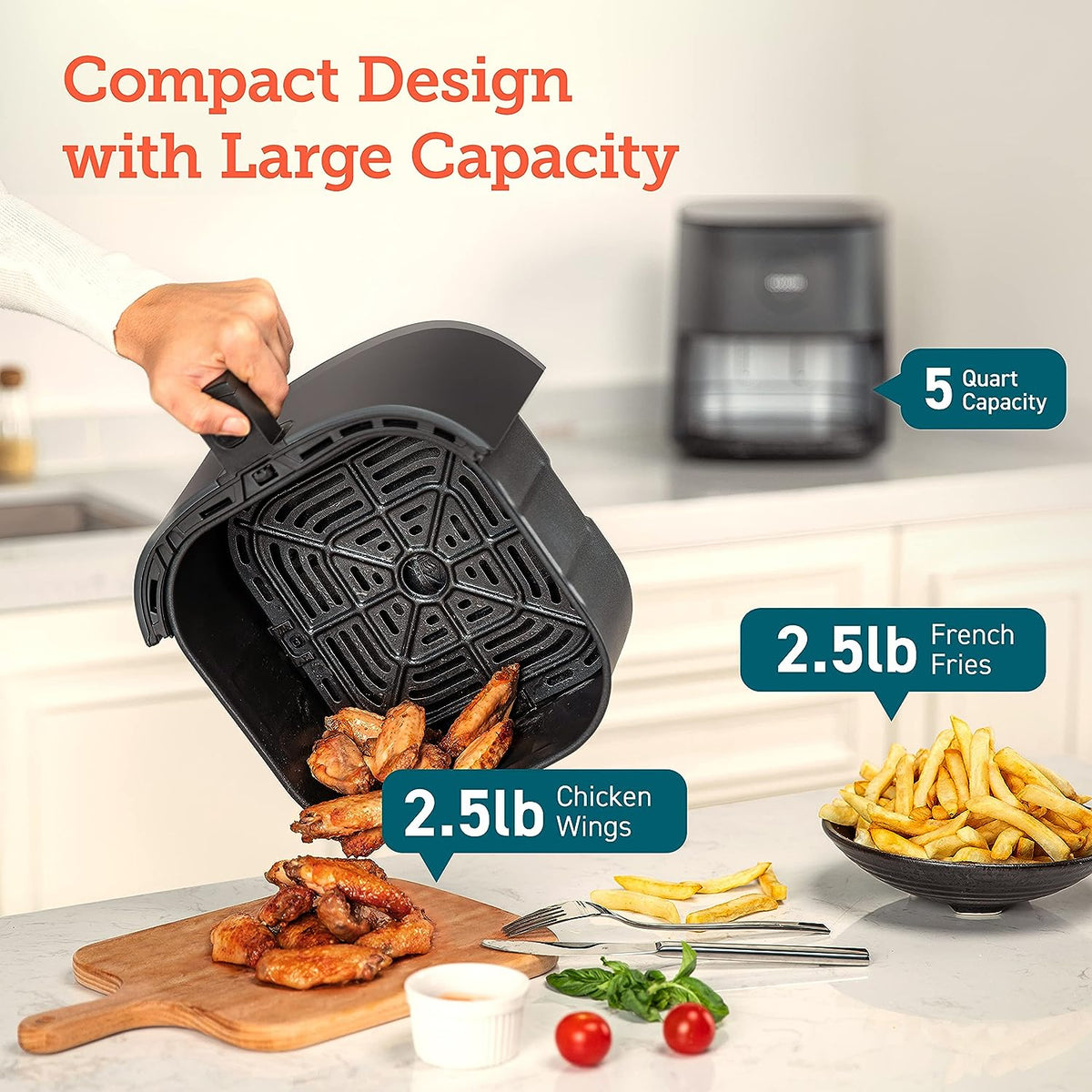 COSORI Air Fryer Pro LE 5-Qt, for Quick and Easy Meals, UP to 450℉, Quiet Operation, 85% Oil less, 130+ Exclusive Recipes, 9 Customizable Functions in 1, Compact, Dishwasher Safe, Gray