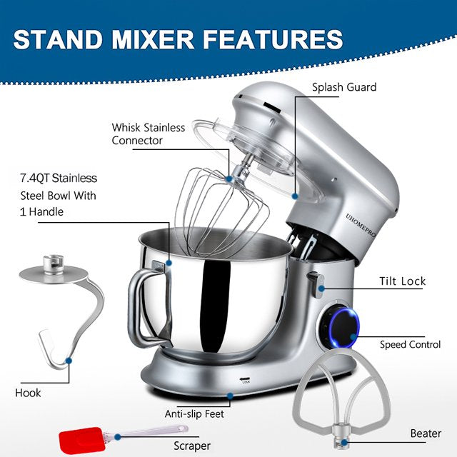 uhomepro 7.5 QT Stand Mixer for Kitchen, 6+0+P-Speed Tilt-Head 660W Dough Mixer, Home Commercial Mixing Electric Kitchen Cake Mixer W/ Dough Hook, Beater, Egg Whisk, Spatula, Dishwasher Safe