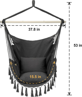 Y- Stop Hammock Chair Hanging Rope Swing, Max 500 Lbs, 2 Cushions Included, Large Macrame Hanging Chair with Pocket for Superior Comfort, with Hardware Kit (Dark Grey)