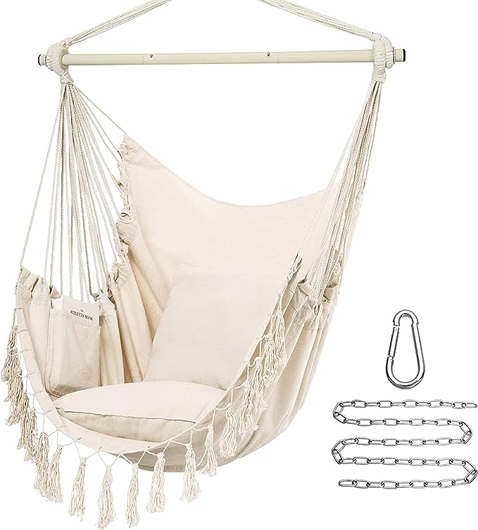 Y- Stop Hammock Chair Hanging Rope Swing, Max 500 Lbs, 2 Cushions Included, Large Macrame Hanging Chair with Pocket for Superior Comfort, with Hardware Kit (Dark Grey)