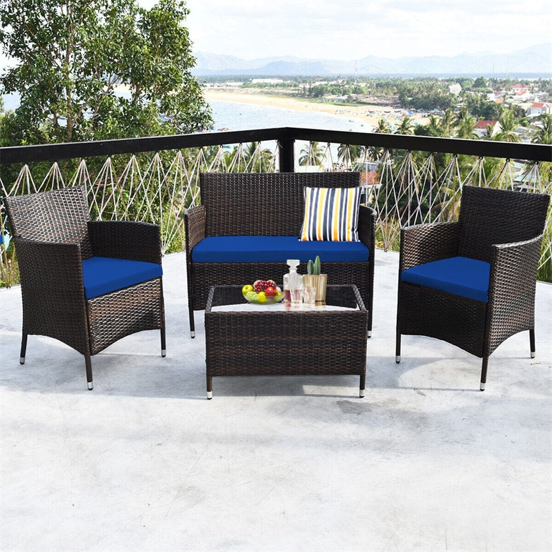 4 Pcs Outdoor Rattan Patio Conversation Set Wicker Furniture Set with Coffee Table and Cushioned Sofas