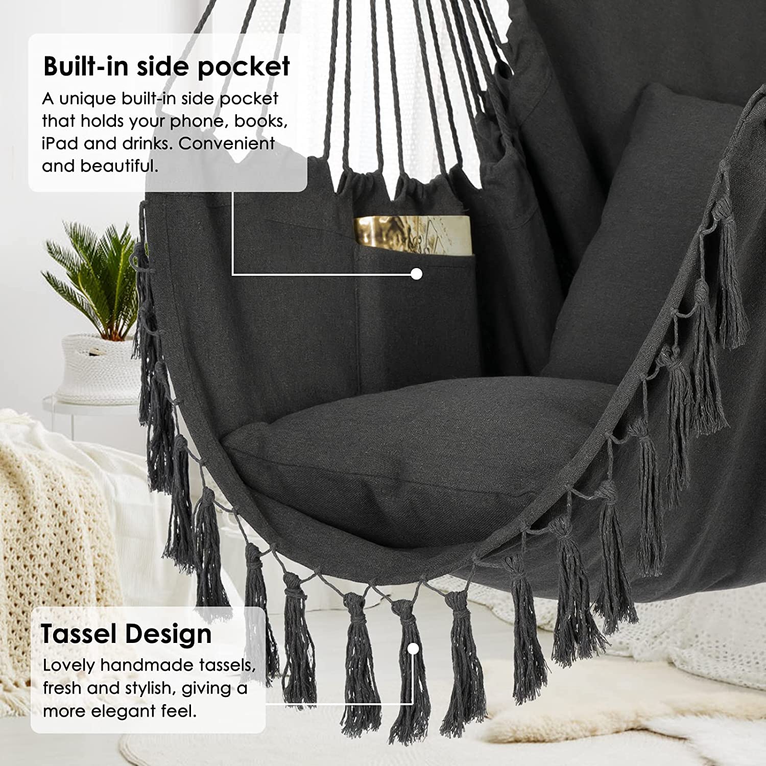 Y- Stop Hammock Chair Hanging Rope Swing, Max 500 Lbs, 2 Cushions Included, Large Macrame Hanging Chair with Pocket for Superior Comfort, with Hardware Kit (Dark Grey)