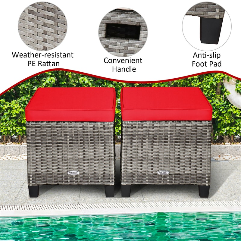 2 Pieces Wicker Patio Ottomans Outdoor Rattan Footstools with Removable Cushions