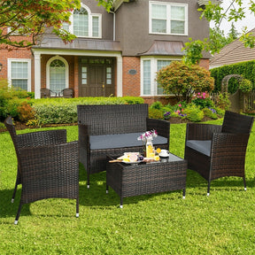 4 Pcs Outdoor Rattan Patio Conversation Set Wicker Furniture Set with Coffee Table and Cushioned Sofas