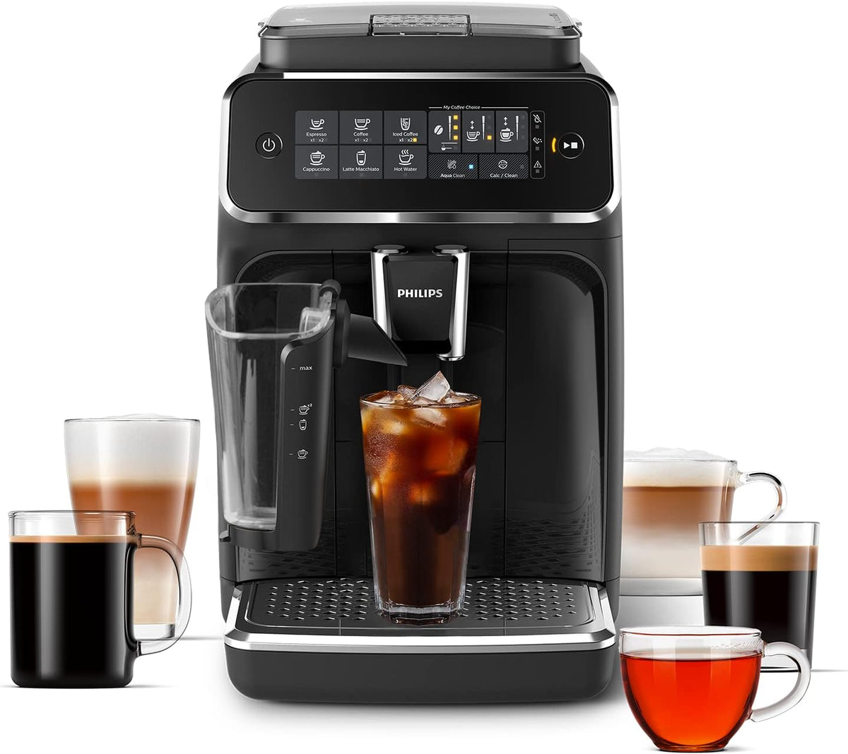 Philips 3200 Series Fully Automatic Espresso Machine - LatteGo Milk Frother & Iced Coffee, 5 Coffee Varieties, Intuitive Touch Display, Black, (EP3241/74)