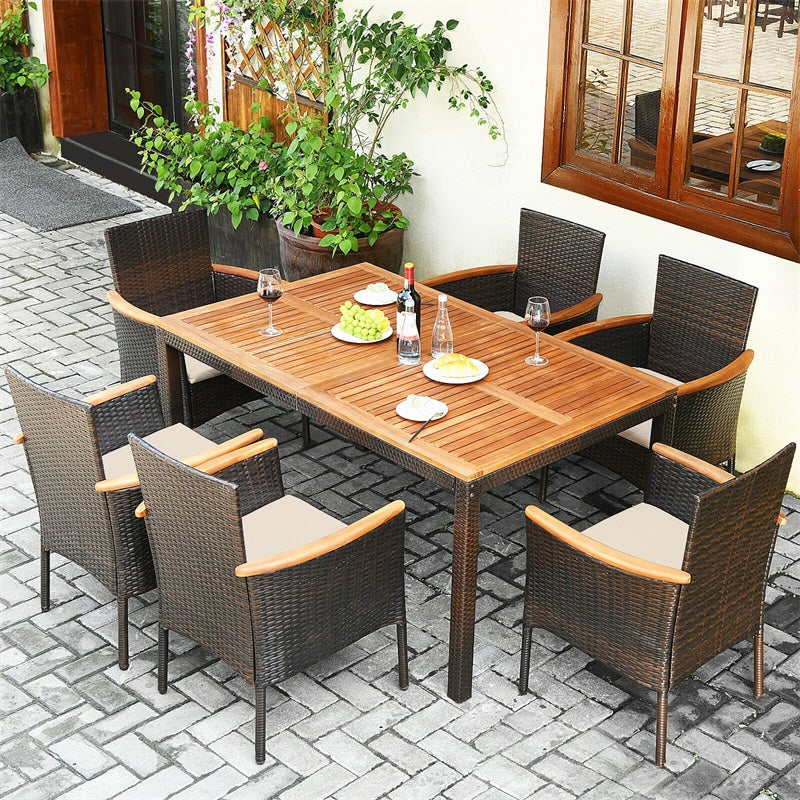 7 Piece Rattan Patio Dining Set with Acacia Wood Table & Stackable Wicker Chairs