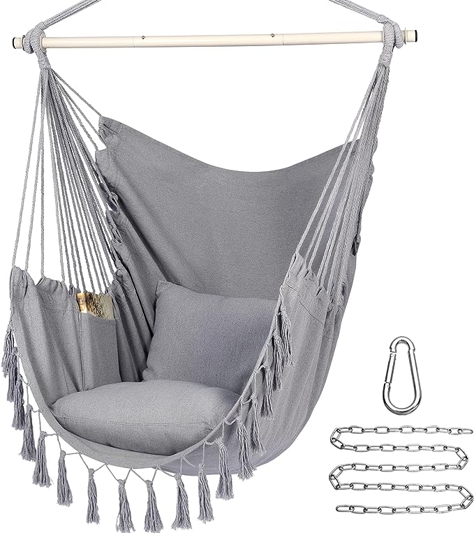 Y- Stop Hammock Chair Hanging Rope Swing, Max 500 Lbs, 2 Cushions Included, Large Macrame Hanging Chair with Pocket for Superior Comfort, with Hardware Kit (Dark Grey)