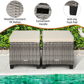 2 Pieces Wicker Patio Ottomans Outdoor Rattan Footstools with Removable Cushions