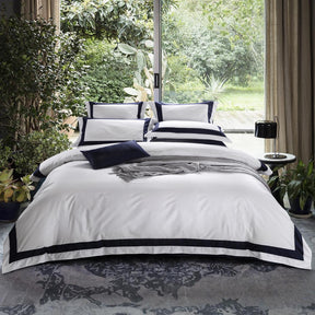 Dark Blue Stripe Egyptian Cotton Luxury White Duvet Cover Set