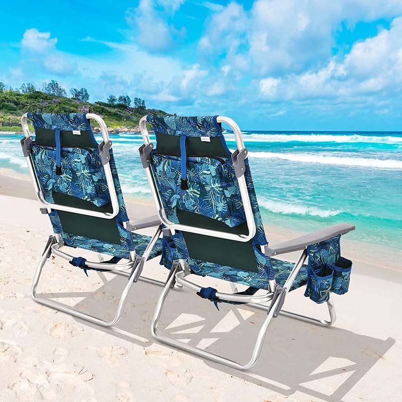 2 Pcs Folding Backpack Beach Chairs 5-Position Adjustable Outdoor Camping Chairs with Cooler Bag & Cup Holder