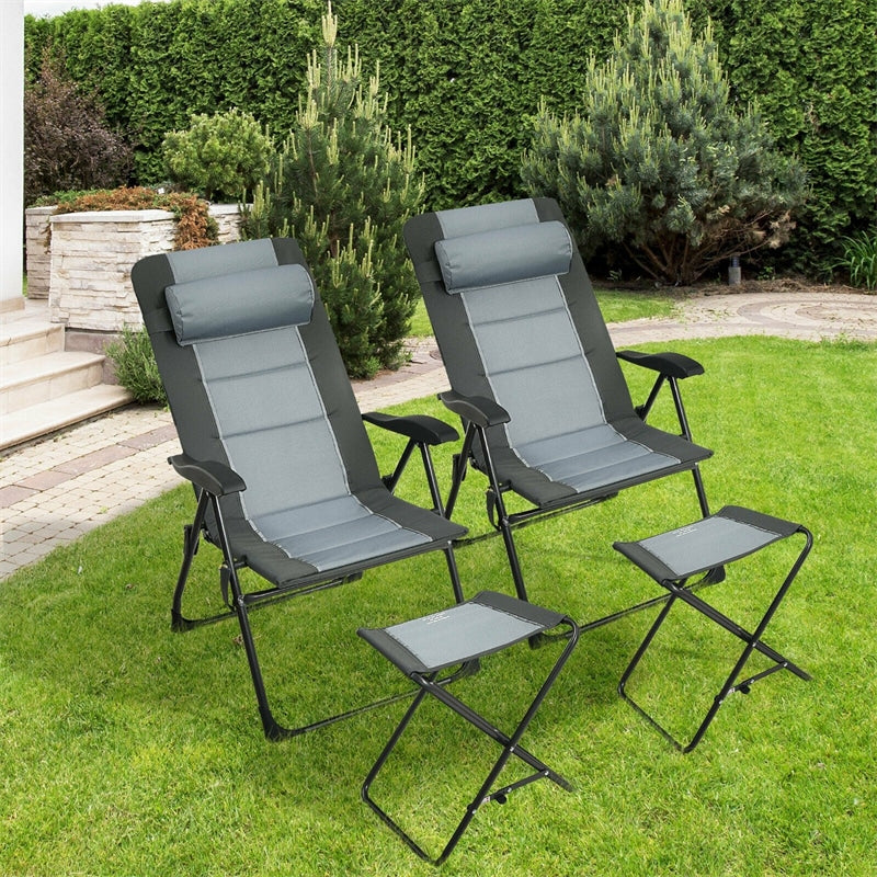 4 Pcs Patio Folding Recliner Chair with 2 Footstools, Outdoor Camping Chair with 7-Position Adjustable Backrest Headrest Mesh Bag