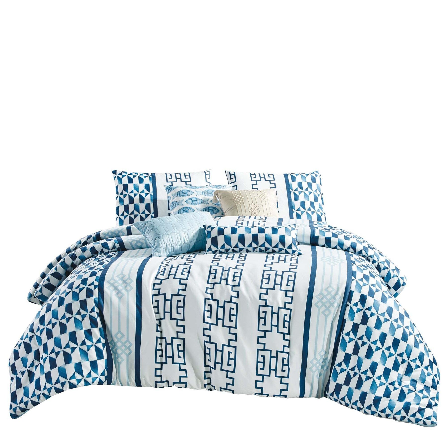 Greek Blue Modern Hotel White Comforter Set - 7 Piece Set