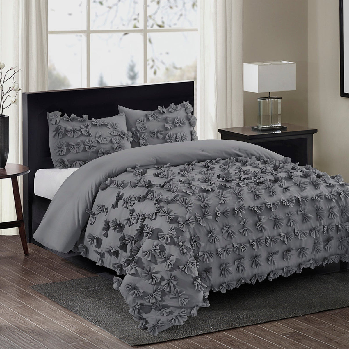 3 Piece Gray Burrterfly Flower Applique Collection Comforter Set