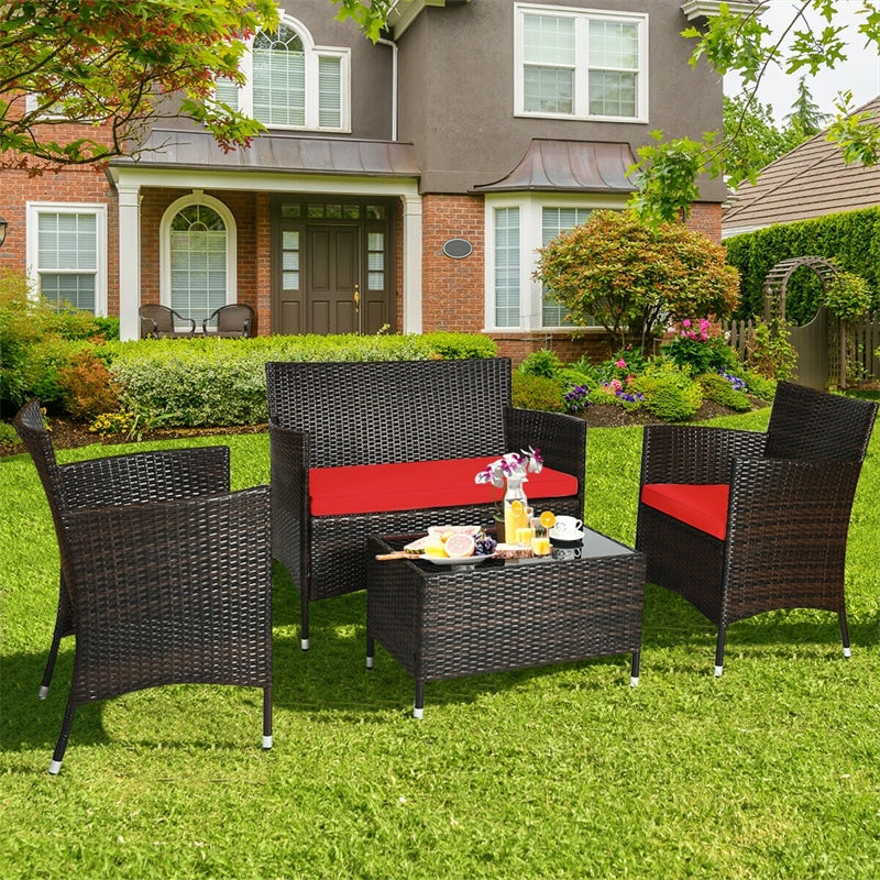 4 Pcs Outdoor Rattan Patio Conversation Set Wicker Furniture Set with Coffee Table and Cushioned Sofas