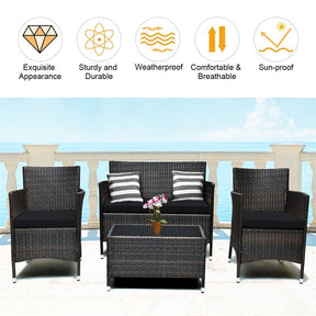 4 Pcs Outdoor Rattan Patio Conversation Set Wicker Furniture Set with Coffee Table and Cushioned Sofas