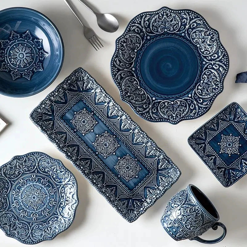 Nordic Blue Vintage Tableware Set Ceramic Rice Salad round Dish Dinner Plate Bowl Dinnerware Set Microwave Safe W4827