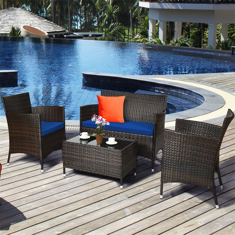 4 Pcs Outdoor Rattan Patio Conversation Set Wicker Furniture Set with Coffee Table and Cushioned Sofas