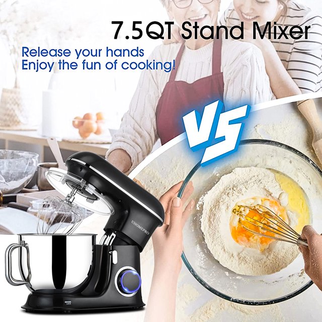 uhomepro 7.5 QT Stand Mixer for Kitchen, 6+0+P-Speed Tilt-Head 660W Dough Mixer, Home Commercial Mixing Electric Kitchen Cake Mixer W/ Dough Hook, Beater, Egg Whisk, Spatula, Dishwasher Safe