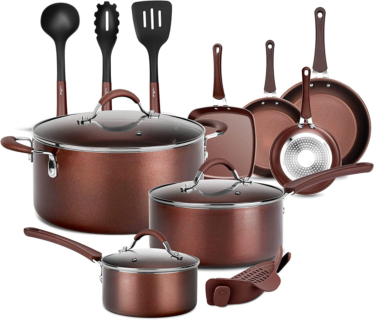 14-Piece Nonstick Cookware PTFE/PFOA/PFOS-Free Heat Resistant Lacquer Kitchen Ware Set w/Saucepan, Frying Pans, Cooking, Dutch Oven Pot, Lids, Utensil NCCW14S, AGold