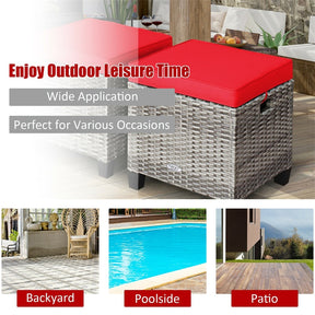 2 Pieces Wicker Patio Ottomans Outdoor Rattan Footstools with Removable Cushions