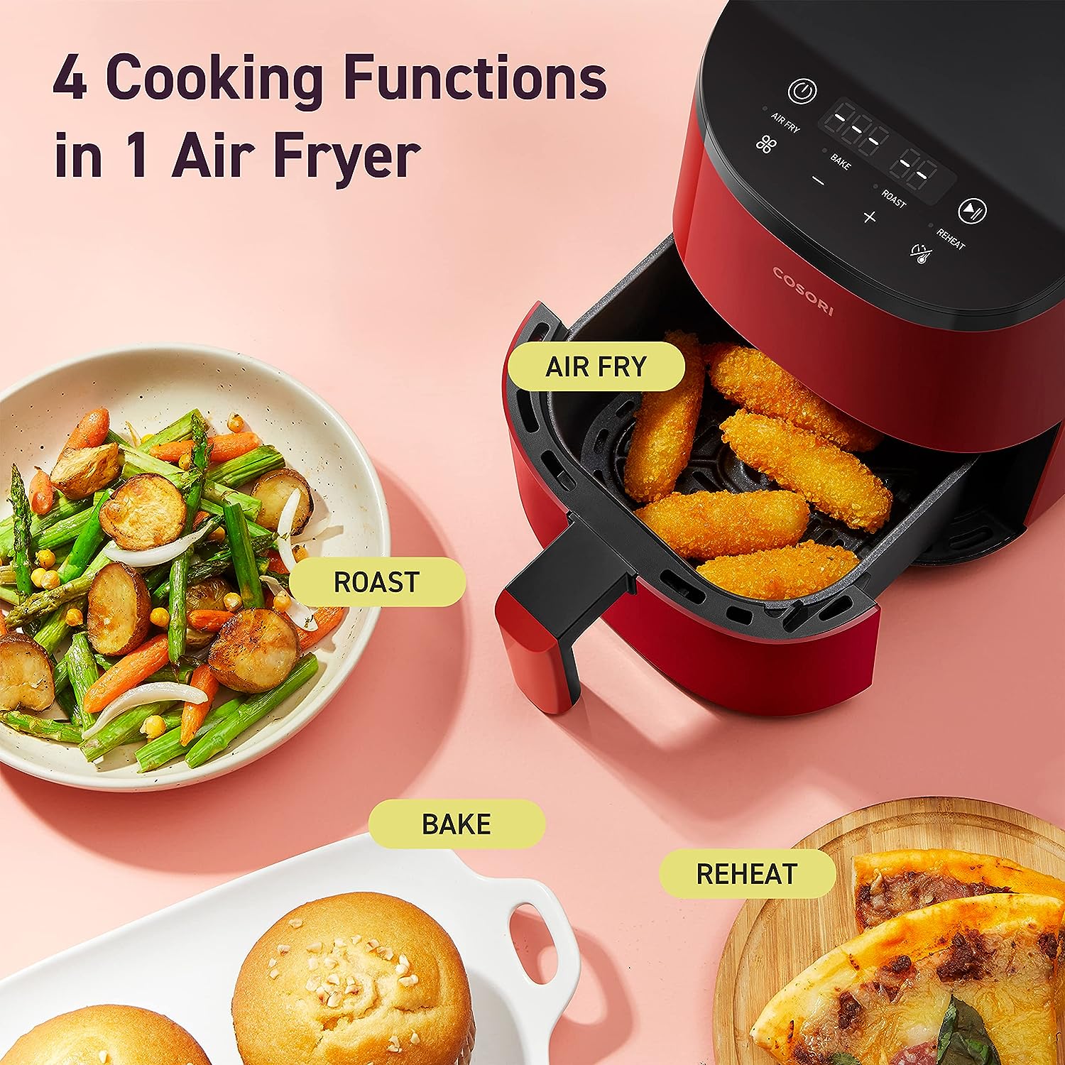 COSORI Small Air Fryer Oven 2.1 Qt, 4-in-1 Mini Airfryer, Bake, Roast, Reheat, Space-saving & Low-noise, Nonstick and Dishwasher Safe Basket, 97% less oil, Sticker with 6 Reference Guides, Red