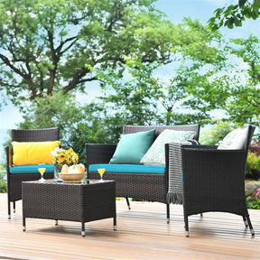 4 Pcs Outdoor Rattan Patio Conversation Set Wicker Furniture Set with Coffee Table and Cushioned Sofas