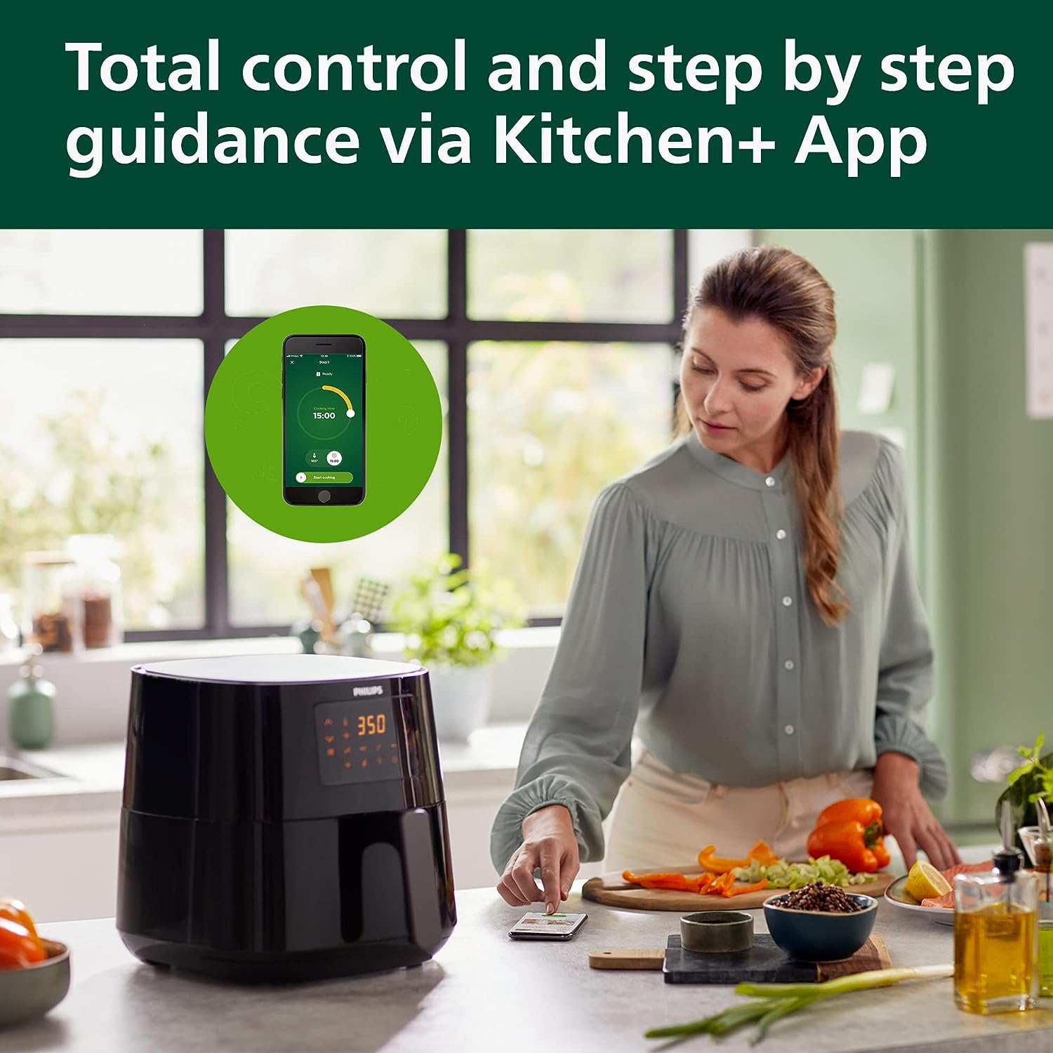 PHILIPS Essential Connected XL 2.65lb/6.2L Capacity Digital Airfryer with Rapid Air Technology, Wi-Fi Connected (Kitchen+ App), Alexa Compatible, Black- HD9280/91, Compact