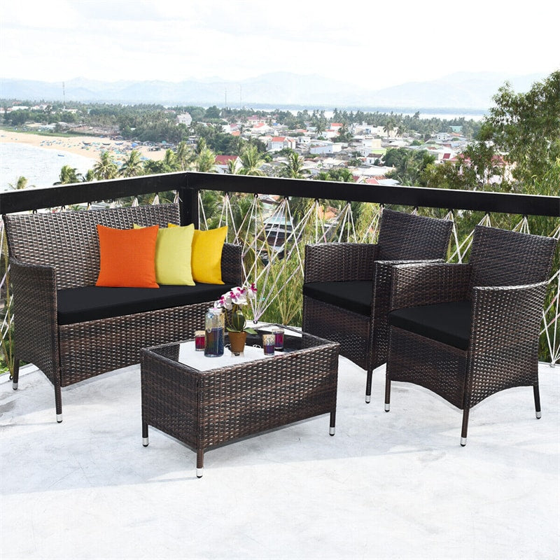 4 Pcs Outdoor Rattan Patio Conversation Set Wicker Furniture Set with Coffee Table and Cushioned Sofas