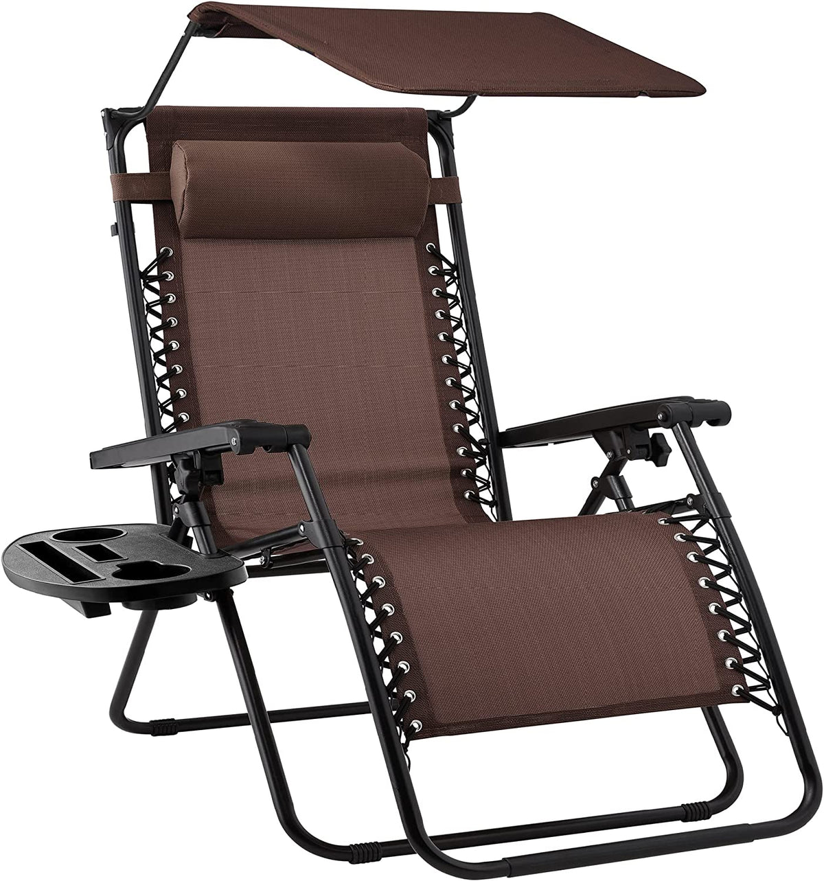 Folding Zero Gravity Outdoor Recliner Patio Lounge Chair w/Adjustable Canopy Shade, Headrest, Side Accessory Tray, Textilene Mesh - Beige