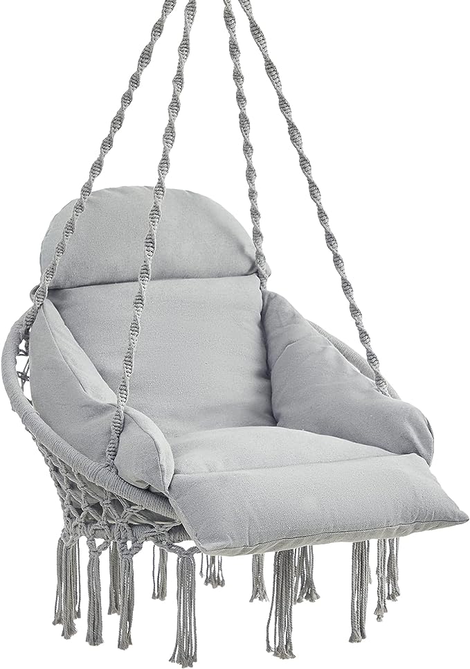 SONGMICS Hanging Chair, Hammock Chair with Large, Thick Cushion, Boho Swing Chair for Bedroom, Patio, Balcony, Garden, Living Room, Holds up to 264 lb, Cloud White UGDC042M01