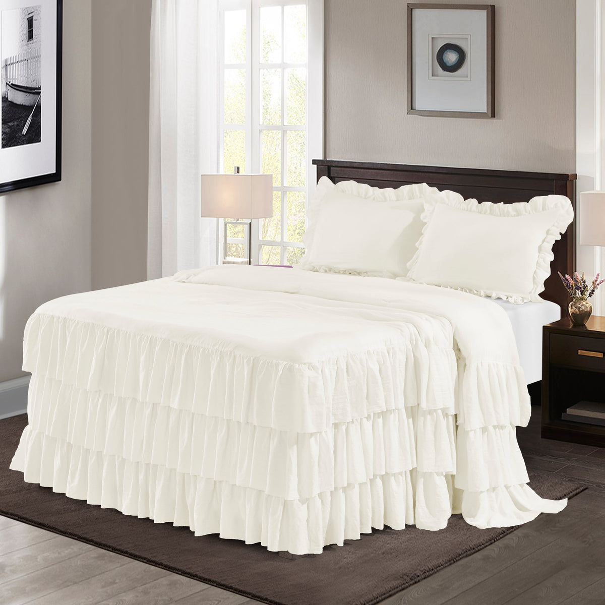 Ruffle Skirt Bedspread Three Layers Design Chic Style Bedding Set