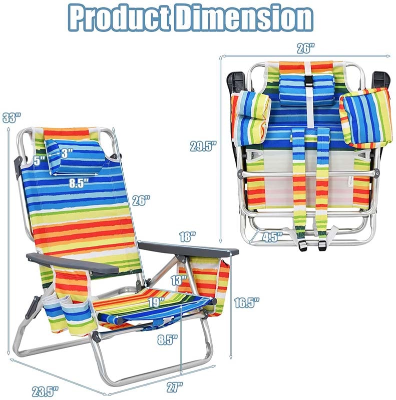 2 Pcs Folding Backpack Beach Chairs 5-Position Adjustable Outdoor Camping Chairs with Cooler Bag & Cup Holder