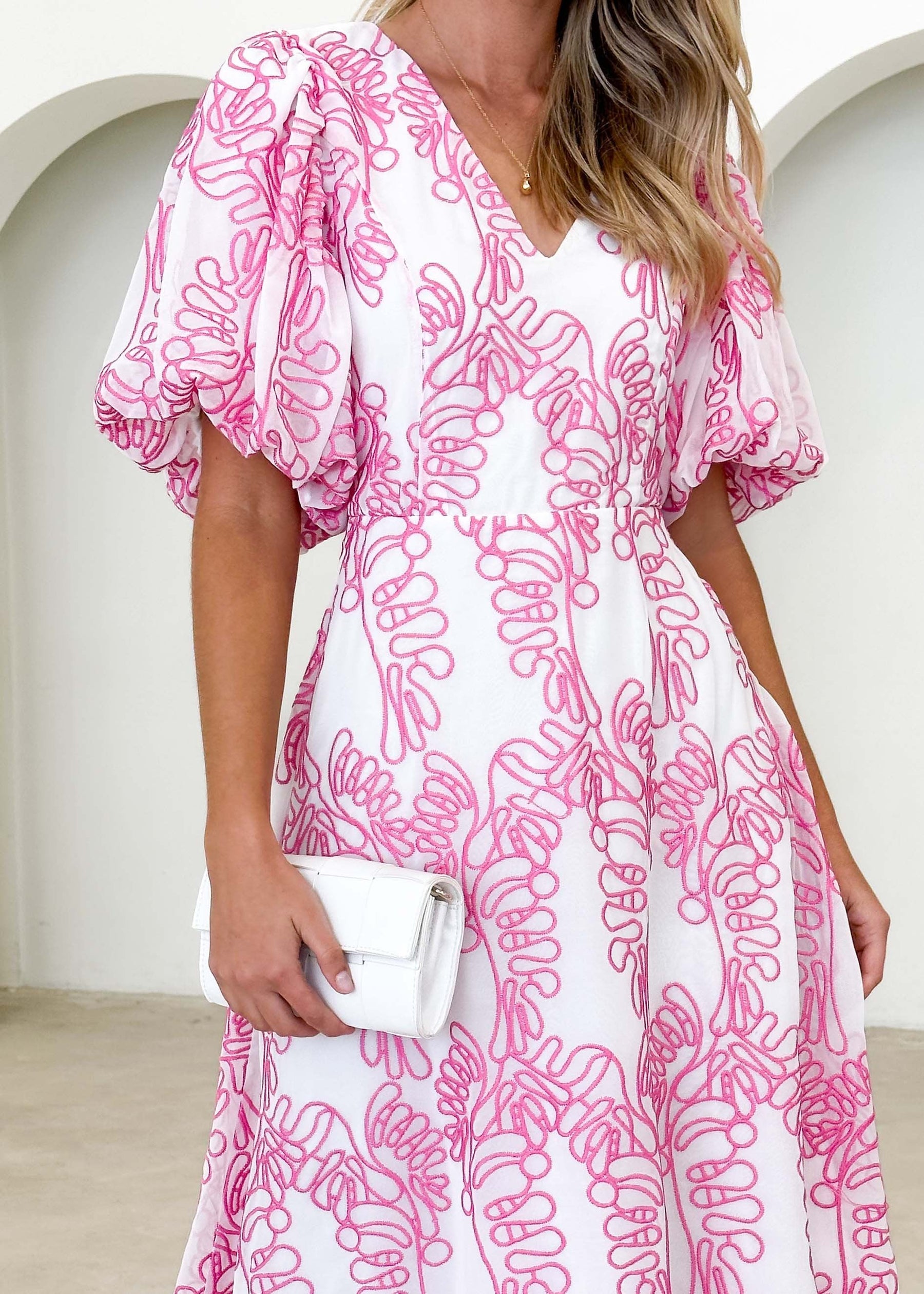 Ninetta Midi Dress - Pink Embroidered