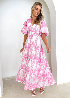 Ninetta Midi Dress - Pink Embroidered