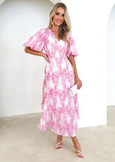 Ninetta Midi Dress - Pink Embroidered