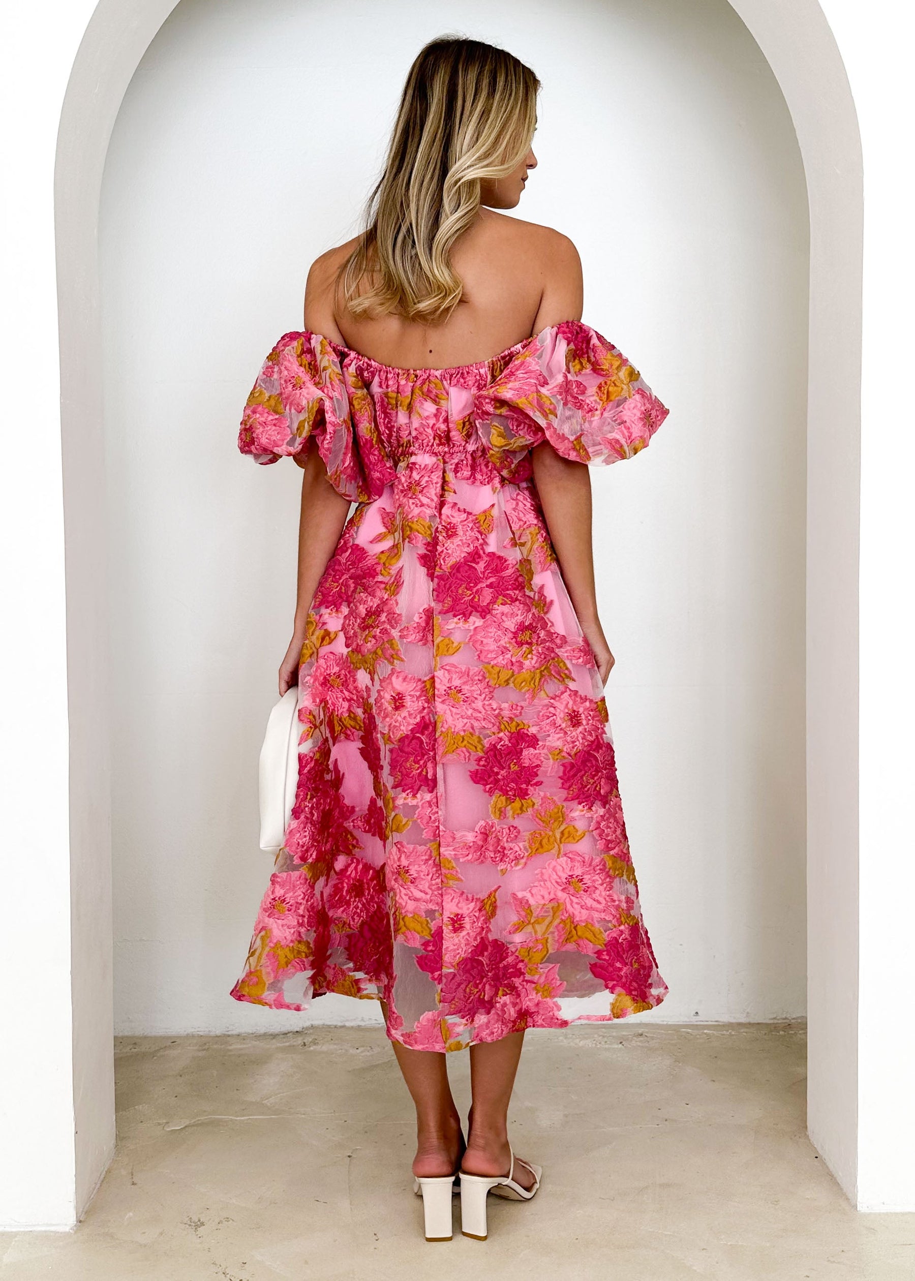 Tulliah Off Shoulder Midi Dress - Pink Jacquard