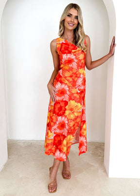 Hatzis One Shoulder Midi Dress - Tangerine Floral