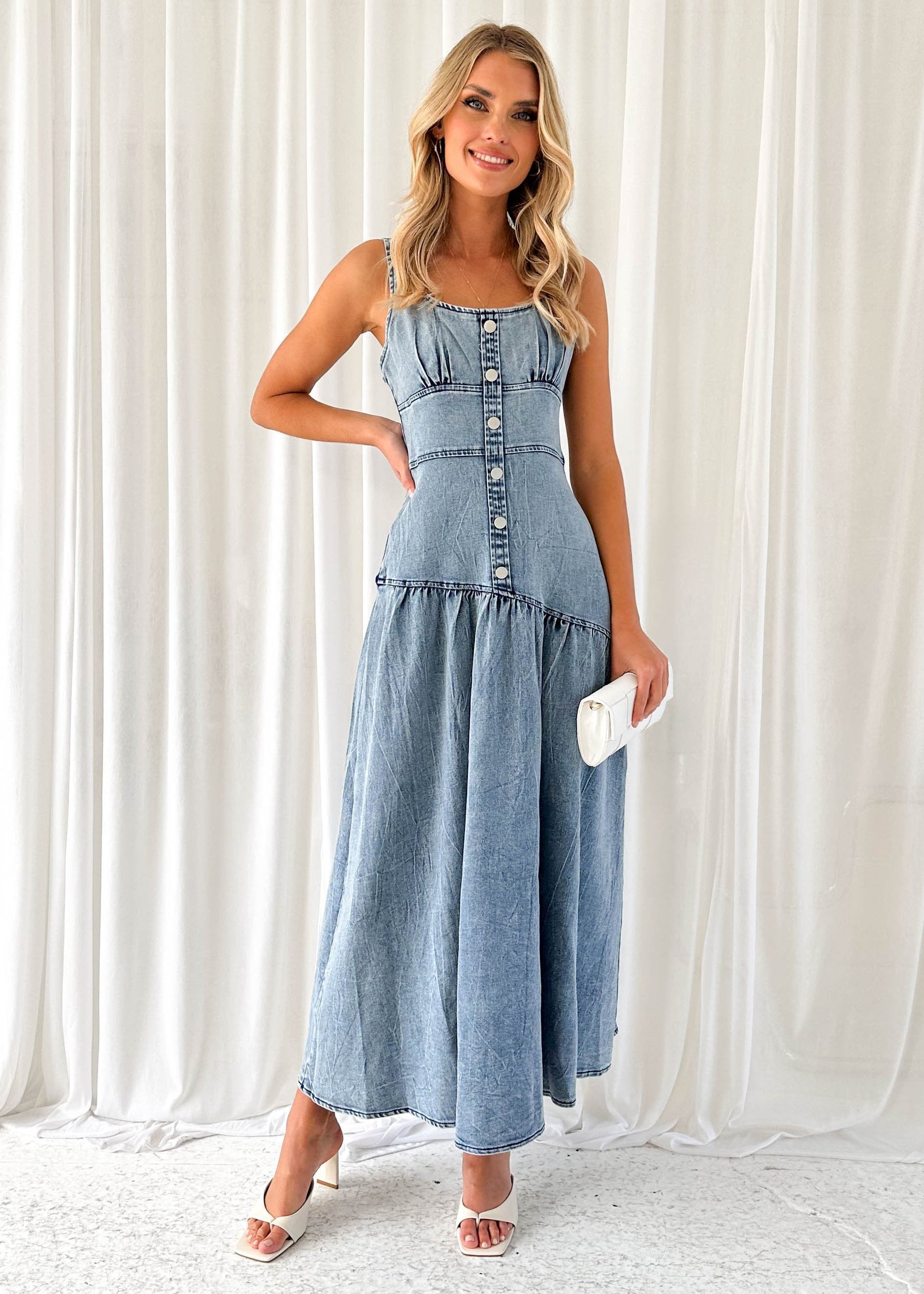 Breah Stretch Denim Midi Dress - Mid Blue