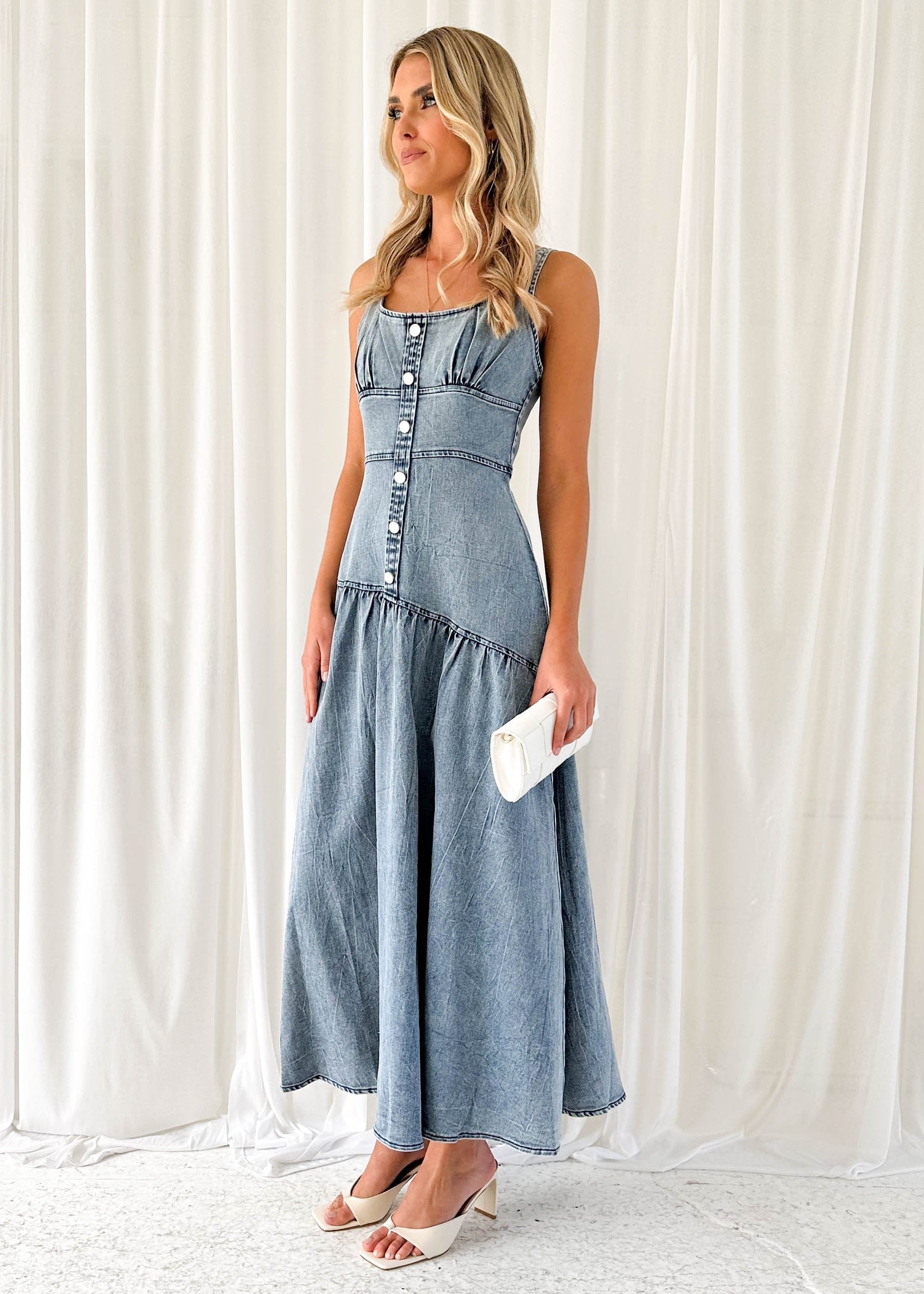 Breah Stretch Denim Midi Dress - Mid Blue