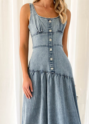 Breah Stretch Denim Midi Dress - Mid Blue