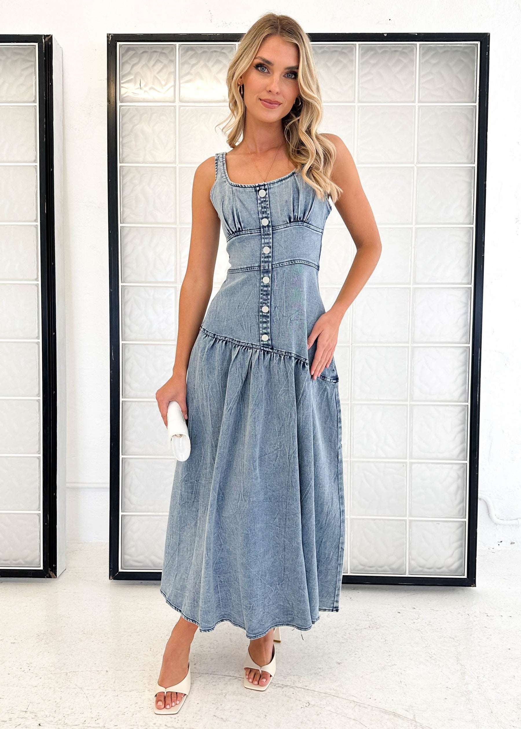 Breah Stretch Denim Midi Dress - Mid Blue