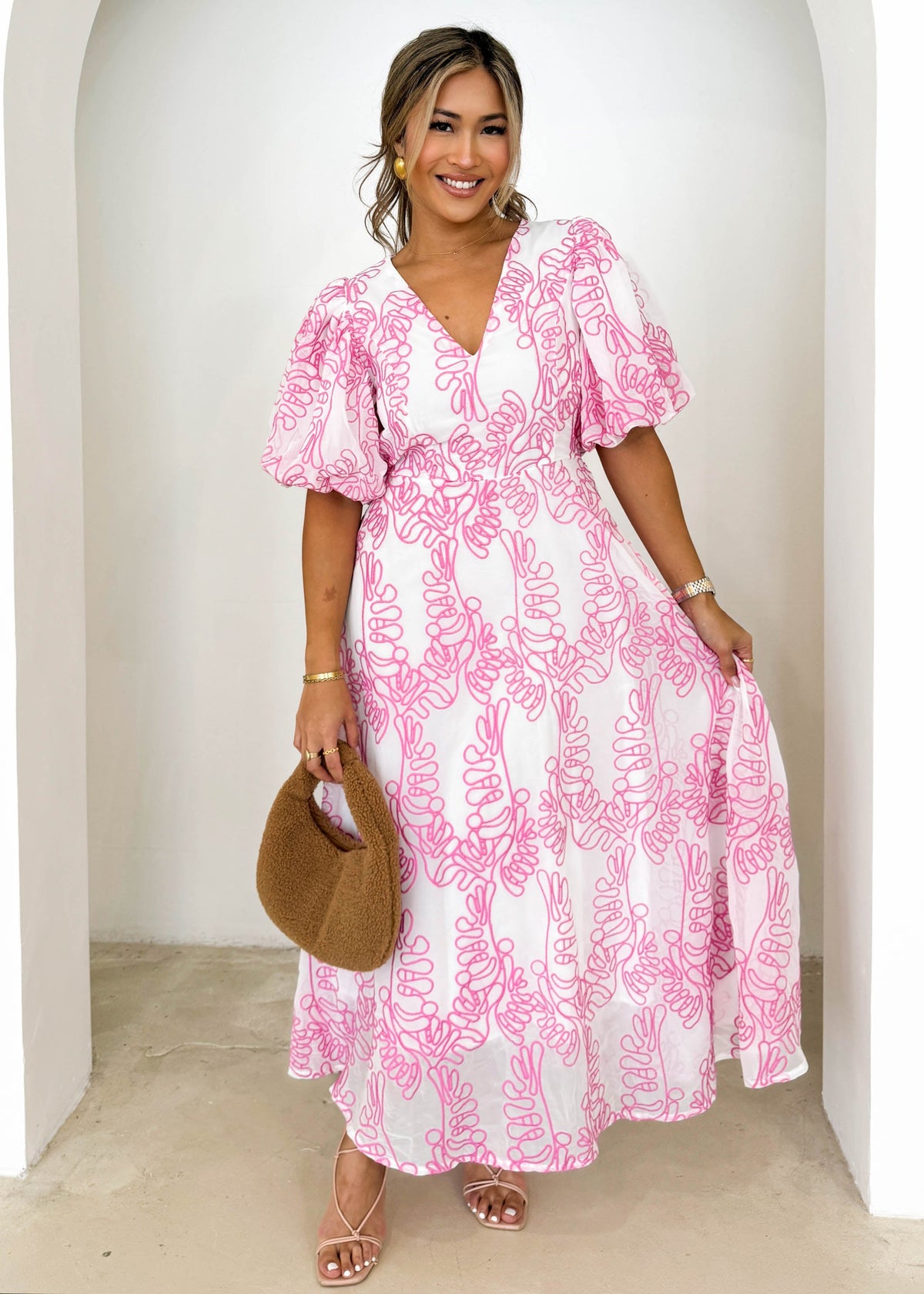 Ninetta Midi Dress - Pink Embroidered