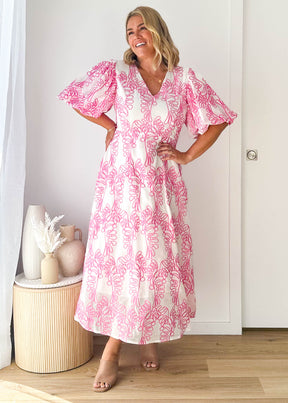 Ninetta Midi Dress - Pink Embroidered