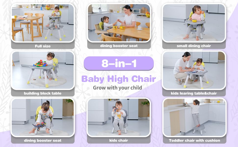 8 in 1 Convertible High Chairs for Babies and Toddlers, Kids Learning Table,Building Block Table,Kids Stool Table Chair Set with Removable Tray