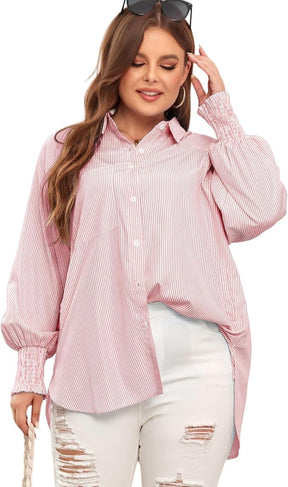 ✨This Week's Special Price $13.98💥Mid-length smocked shirt with striped lapel and oversized drawdown sleeves