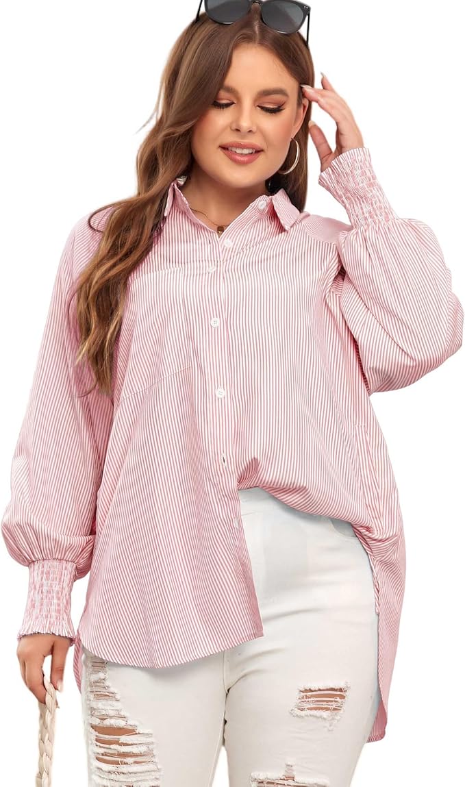 ✨This Week's Special Price $13.98💥Mid-length smocked shirt with striped lapel and oversized drawdown sleeves